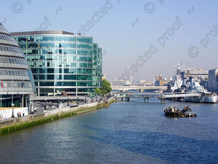 Thames-003 
 View up the Thames from Tower Bridge 
 Keywords: Thames, London, HMS Belfast, Water, River, boats, ship, destroyer, modern buildings, City Hall